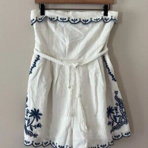Caroline Constas Linen Blend Romper Embroidered Scallop Design Tie Waist Blue S